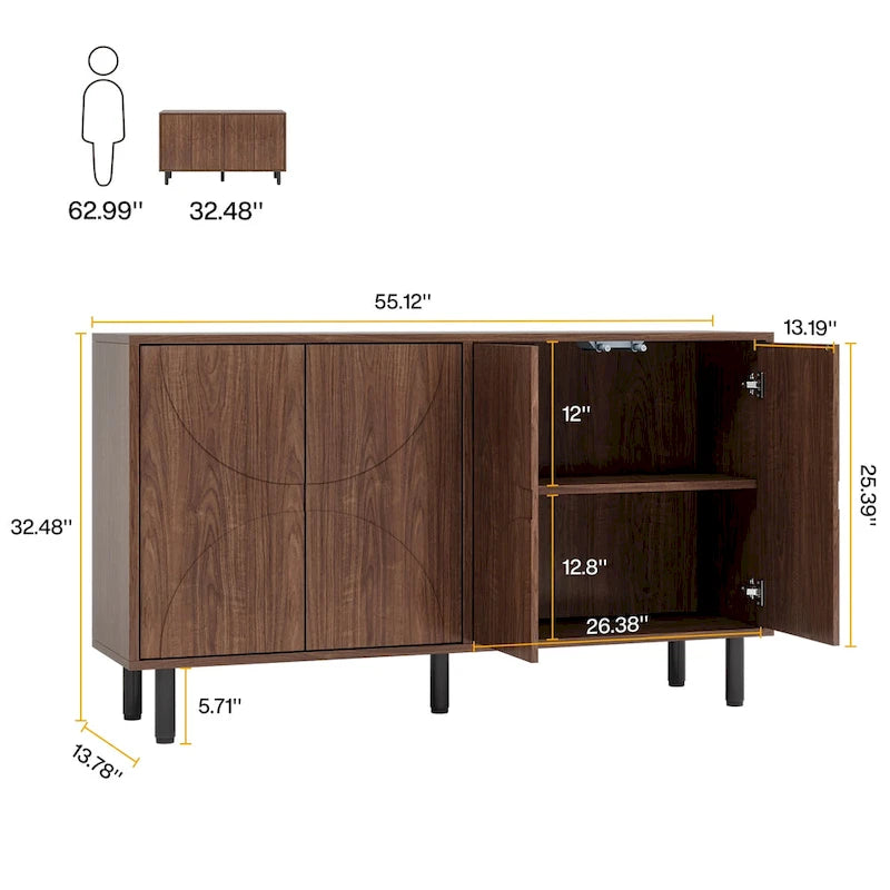 Brown Wood Grain Sideboard Buffet Cabinet 4 Doors Adjustable Shelves Storage