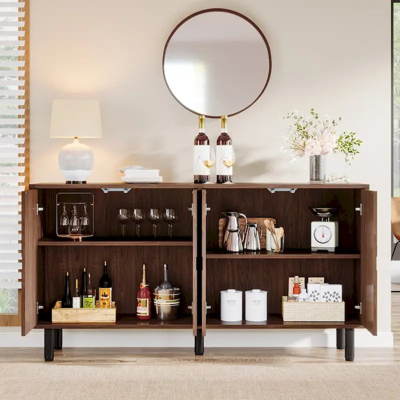 Brown Wood Grain Sideboard Buffet Cabinet 4 Doors Adjustable Shelves Storage