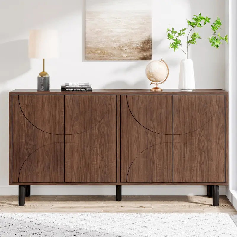Brown Wood Grain Sideboard Buffet Cabinet 4 Doors Adjustable Shelves Storage