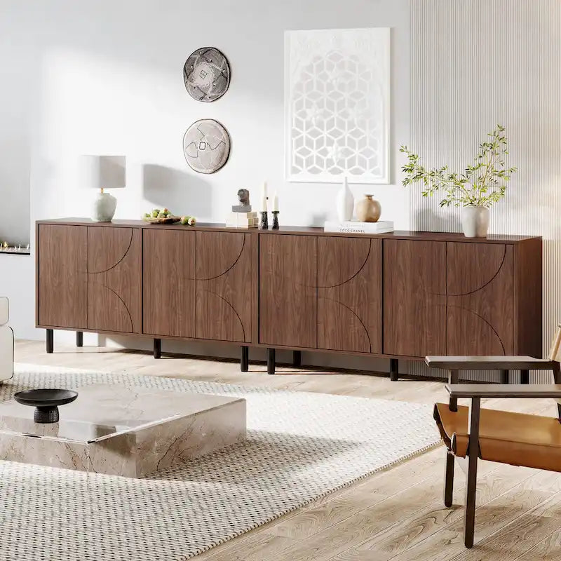 Brown Wood Grain Sideboard Buffet Cabinet 4 Doors Adjustable Shelves Storage