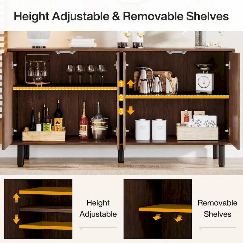 Brown Wood Grain Sideboard Buffet Cabinet 4 Doors Adjustable Shelves Storage