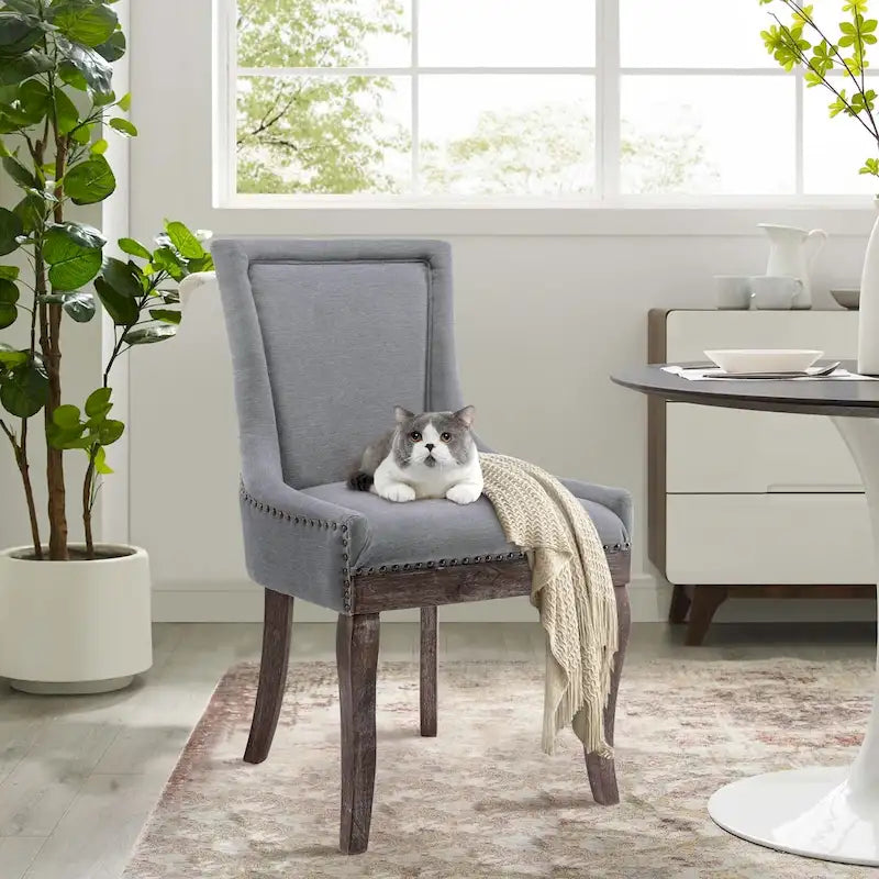 Tufted Wingback Upholstered Dining Chair Solid Wood Legs Fabric Cushion