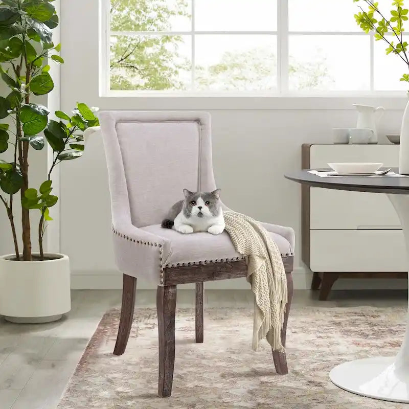 Tufted Wingback Upholstered Dining Chair Solid Wood Legs Fabric Cushion