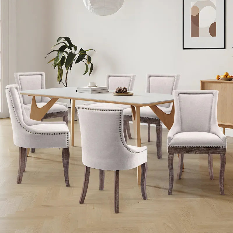 Tufted Wingback Upholstered Dining Chair Solid Wood Legs Fabric Cushion