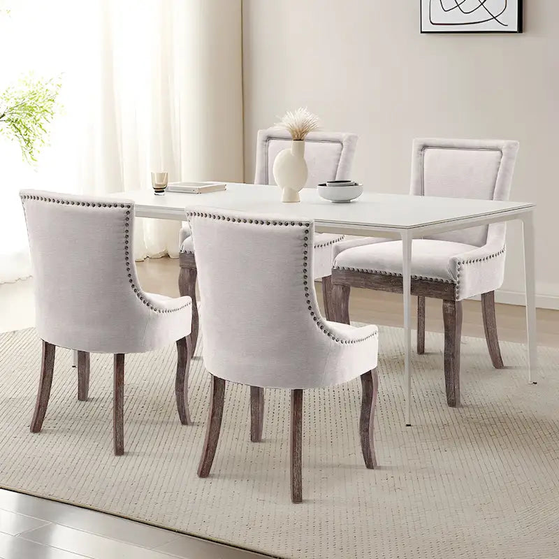 Tufted Wingback Upholstered Dining Chair Solid Wood Legs Fabric Cushion