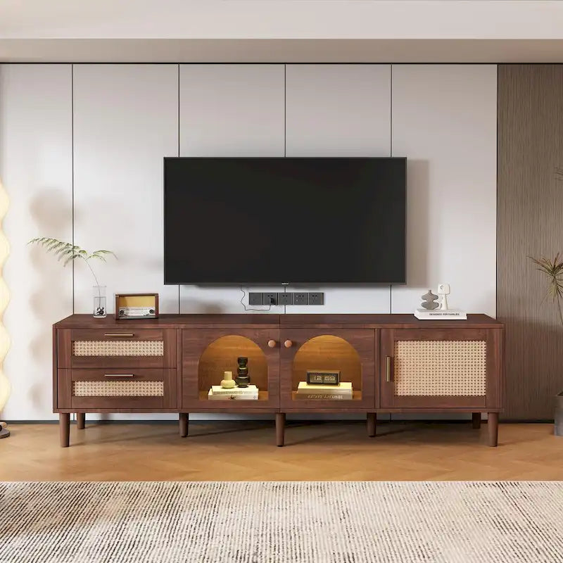 Dark Brown Rattan Woven TV Stand with Drawers Cabinets LED Display