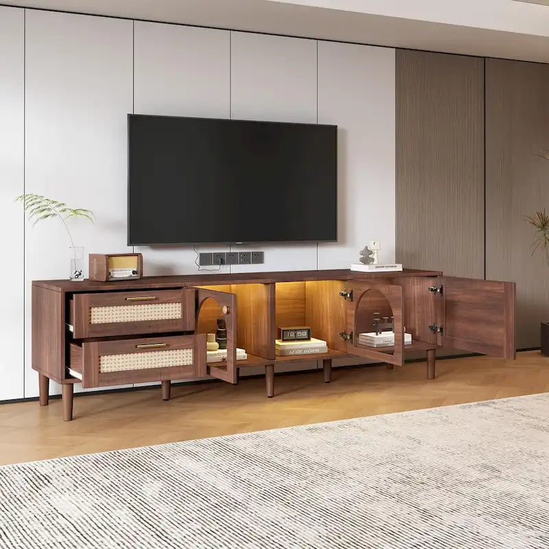 Dark Brown Rattan Woven TV Stand with Drawers Cabinets LED Display