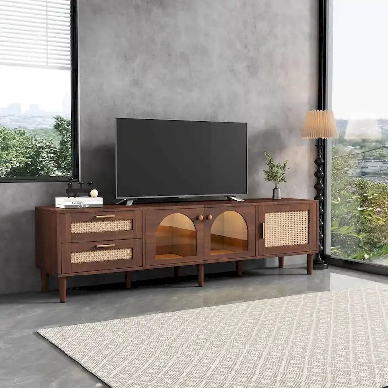 Dark Brown Rattan Woven TV Stand with Drawers Cabinets LED Display