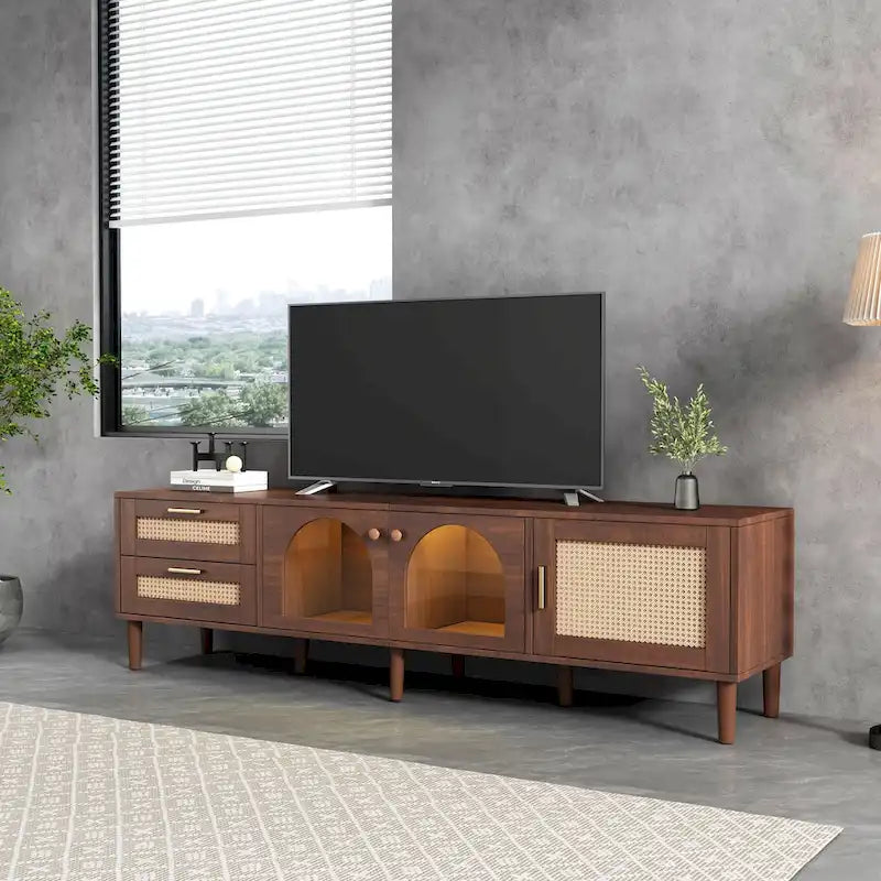 Dark Brown Rattan Woven TV Stand with Drawers Cabinets LED Display