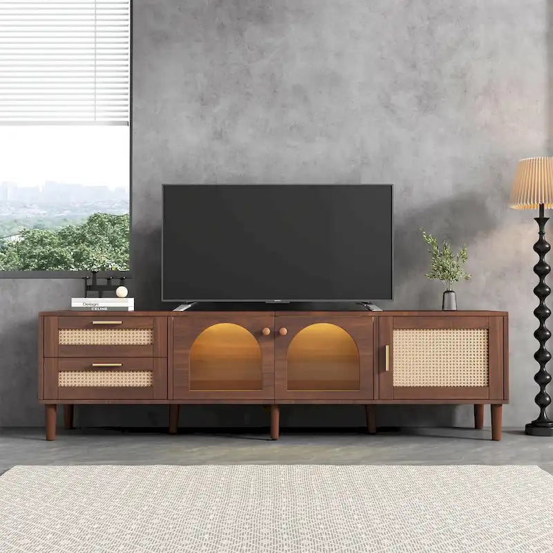 Dark Brown Rattan Woven TV Stand with Drawers Cabinets LED Display