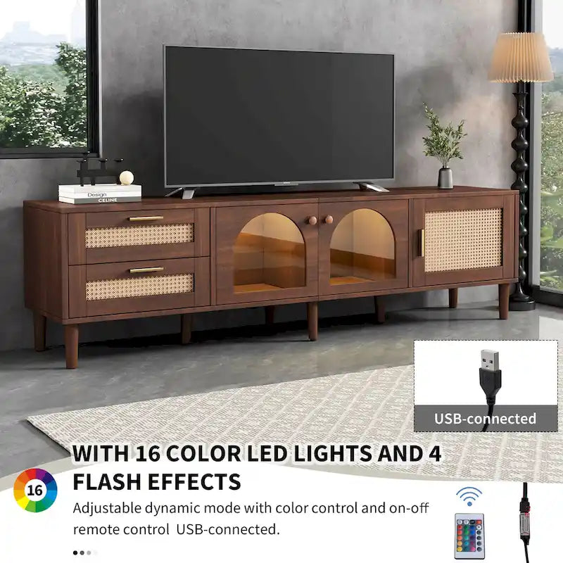 Dark Brown Rattan Woven TV Stand with Drawers Cabinets LED Display