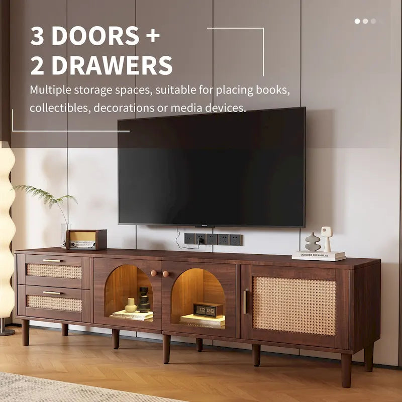 Dark Brown Rattan Woven TV Stand with Drawers Cabinets LED Display