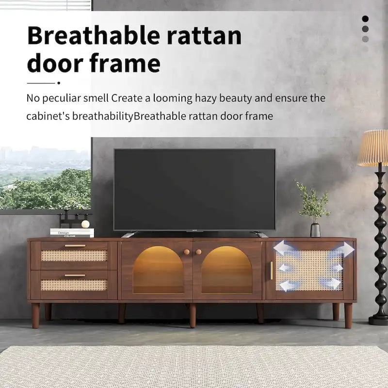 Dark Brown Rattan Woven TV Stand with Drawers Cabinets LED Display