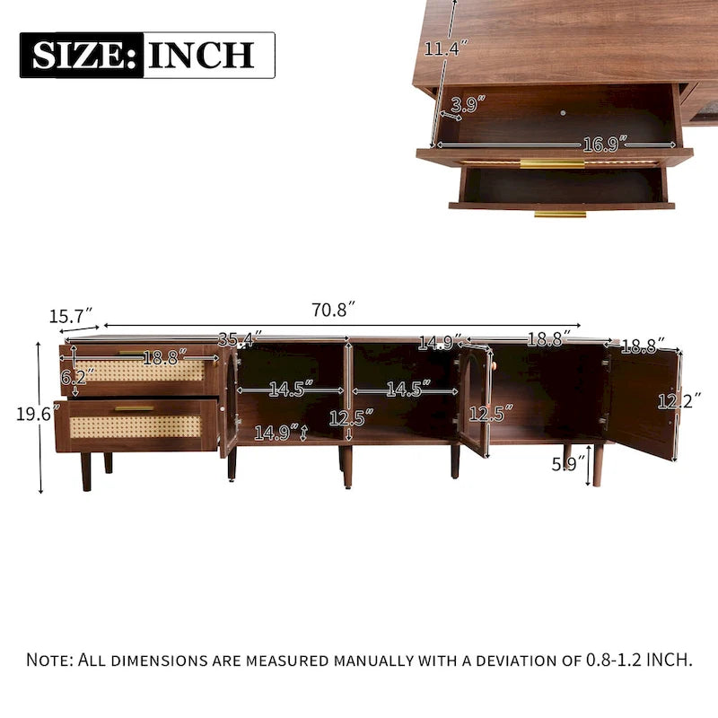 Dark Brown Rattan Woven TV Stand with Drawers Cabinets LED Display