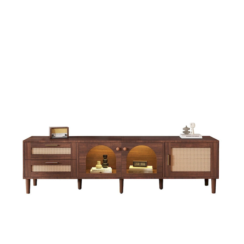 Dark Brown Rattan Woven TV Stand with Drawers Cabinets LED Display