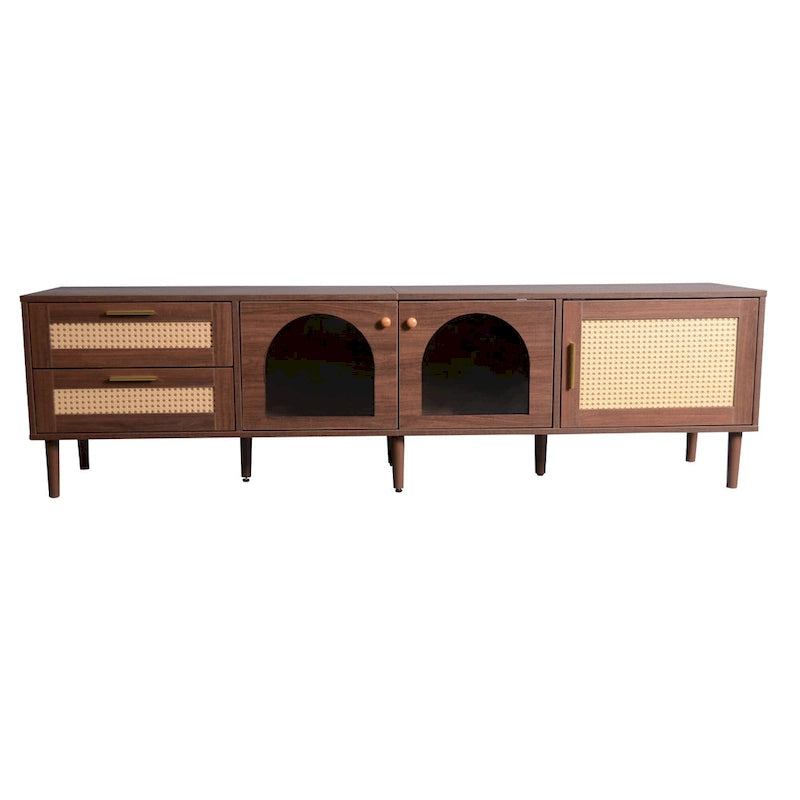 Dark Brown Rattan Woven TV Stand with Drawers Cabinets LED Display