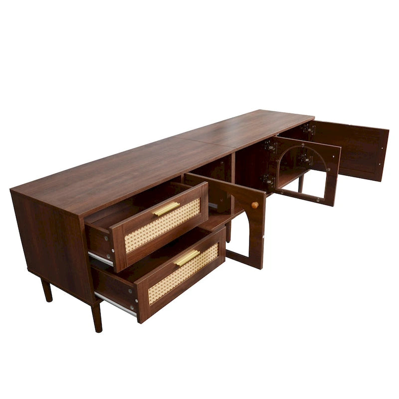 Dark Brown Rattan Woven TV Stand with Drawers Cabinets LED Display