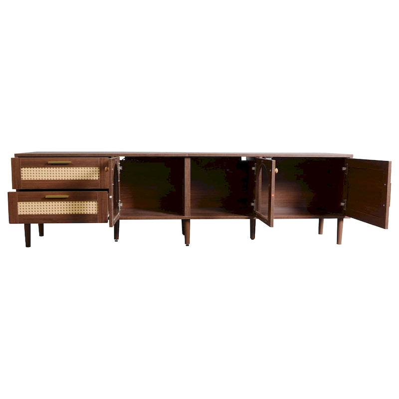 Dark Brown Rattan Woven TV Stand with Drawers Cabinets LED Display
