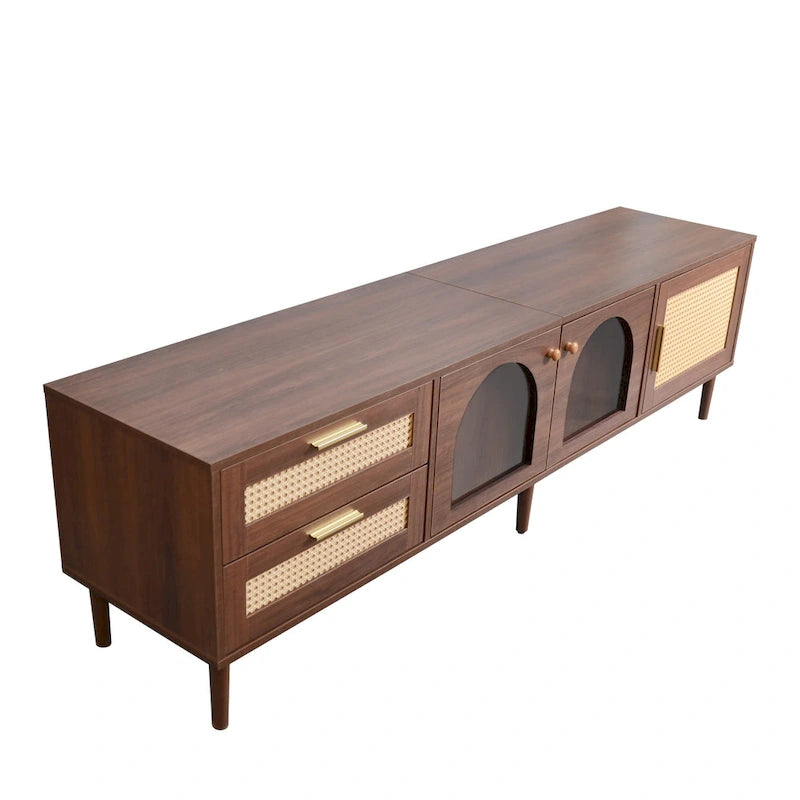 Dark Brown Rattan Woven TV Stand with Drawers Cabinets LED Display