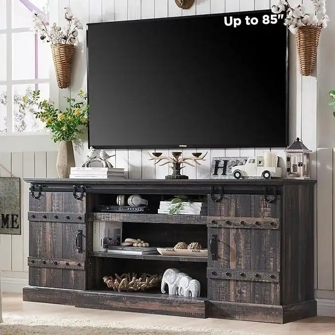 Farmhouse TV Stand with Sliding Barn Doors and Adjustable Shelves