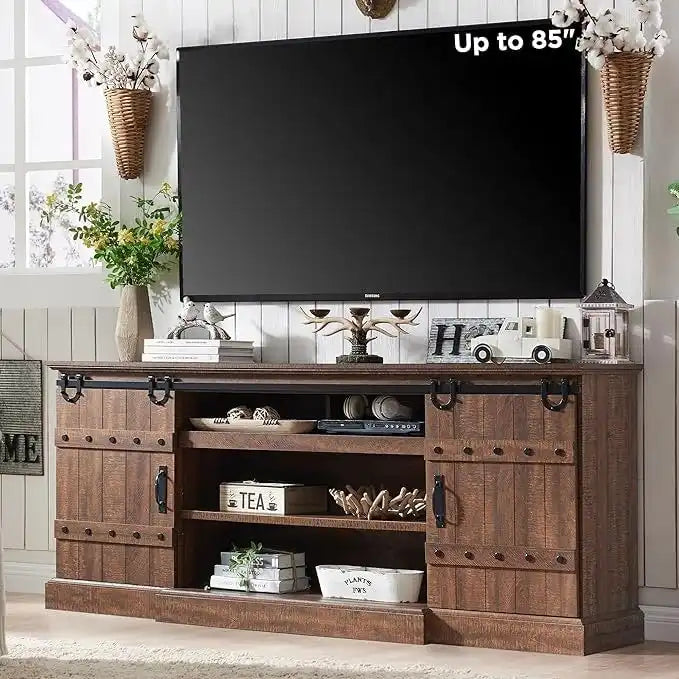 Farmhouse TV Stand with Sliding Barn Doors and Adjustable Shelves