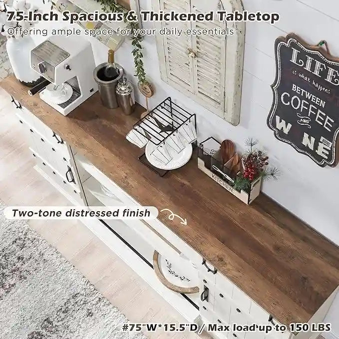 Farmhouse TV Stand with Sliding Barn Doors and Adjustable Shelves