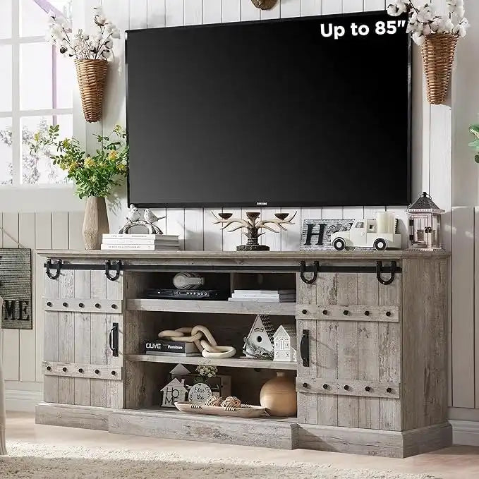 Farmhouse TV Stand with Sliding Barn Doors and Adjustable Shelves