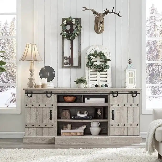 Farmhouse TV Stand with Sliding Barn Doors and Adjustable Shelves
