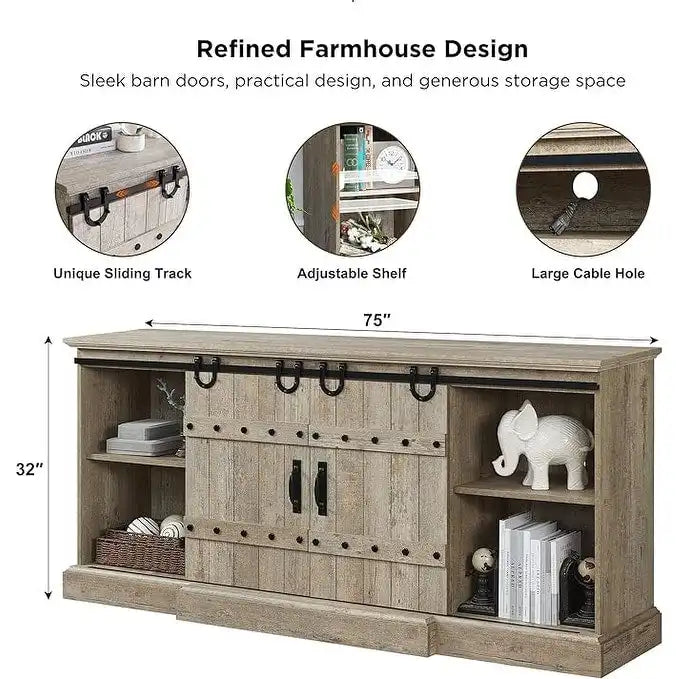 Farmhouse TV Stand with Sliding Barn Doors and Adjustable Shelves