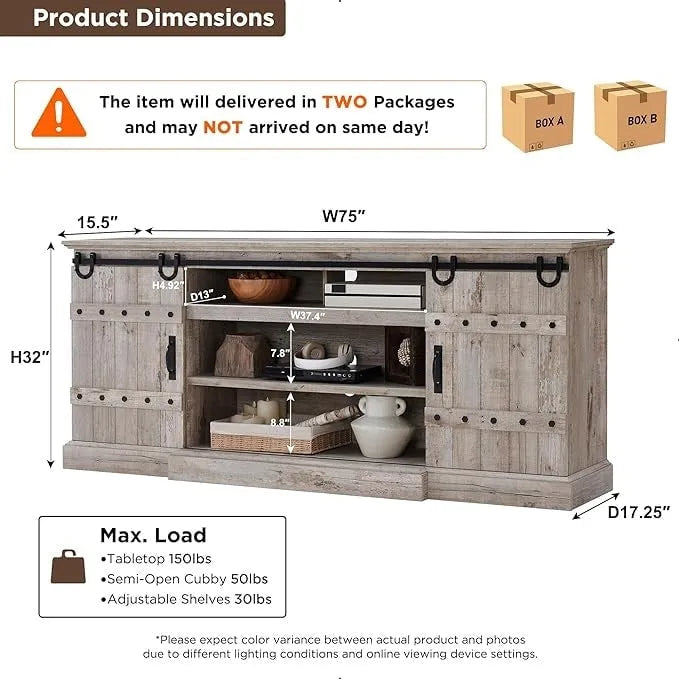 Farmhouse TV Stand with Sliding Barn Doors and Adjustable Shelves