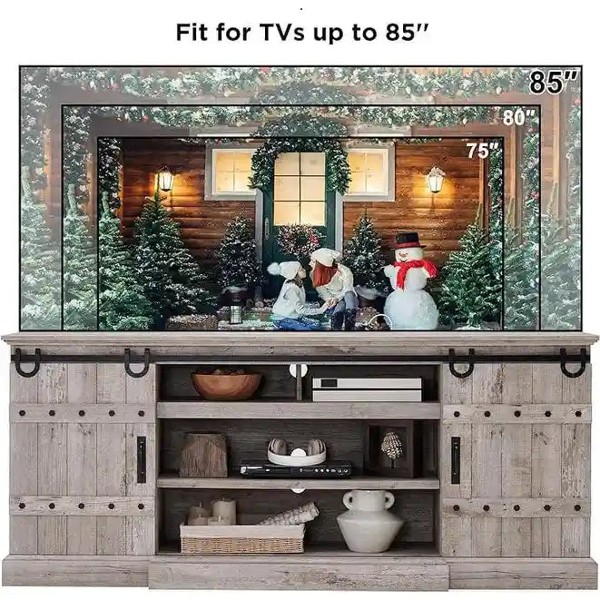 Farmhouse TV Stand with Sliding Barn Doors and Adjustable Shelves