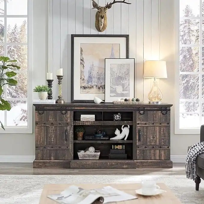 Farmhouse TV Stand with Sliding Barn Doors and Adjustable Shelves
