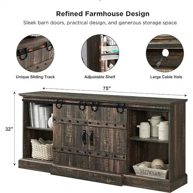 Farmhouse TV Stand with Sliding Barn Doors and Adjustable Shelves