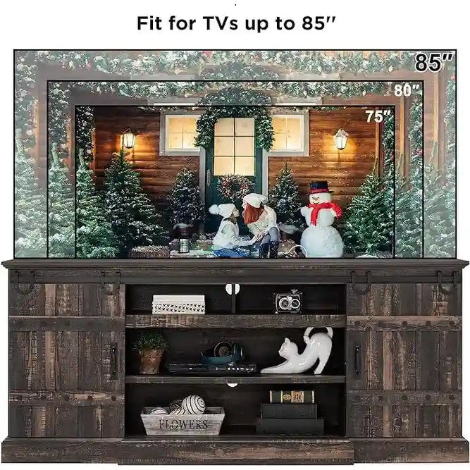 Farmhouse TV Stand with Sliding Barn Doors and Adjustable Shelves