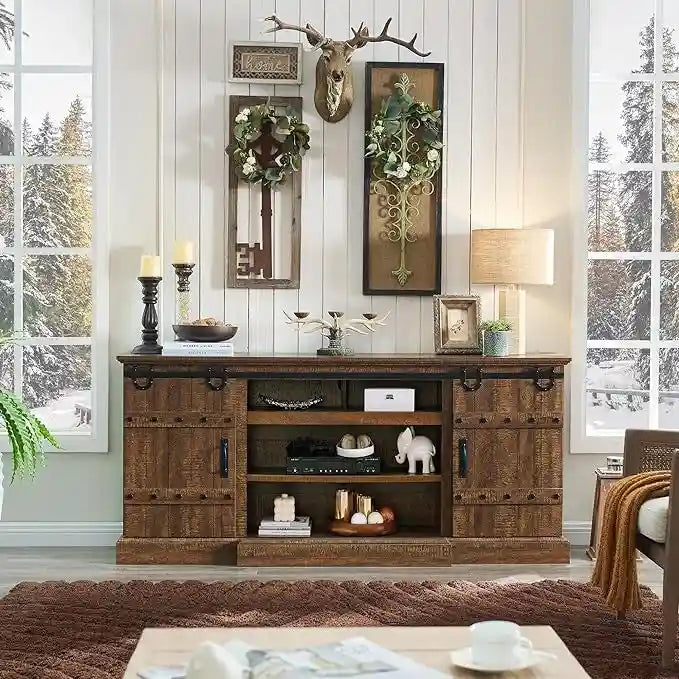 Farmhouse TV Stand with Sliding Barn Doors and Adjustable Shelves