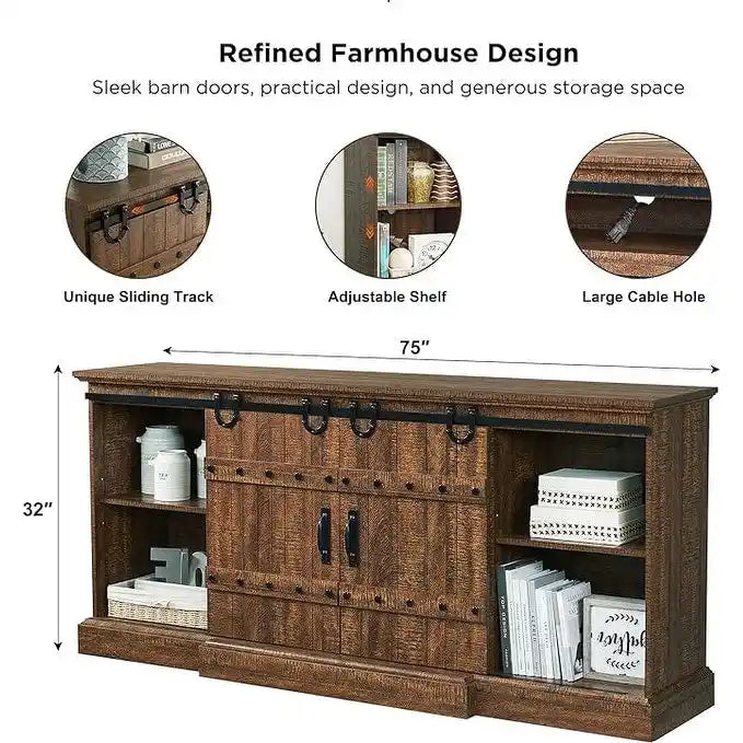 Farmhouse TV Stand with Sliding Barn Doors and Adjustable Shelves