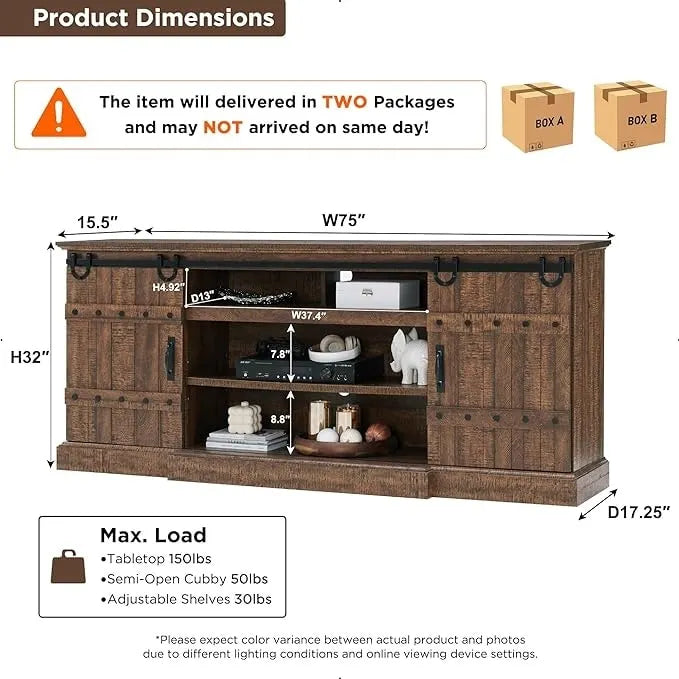 Farmhouse TV Stand with Sliding Barn Doors and Adjustable Shelves