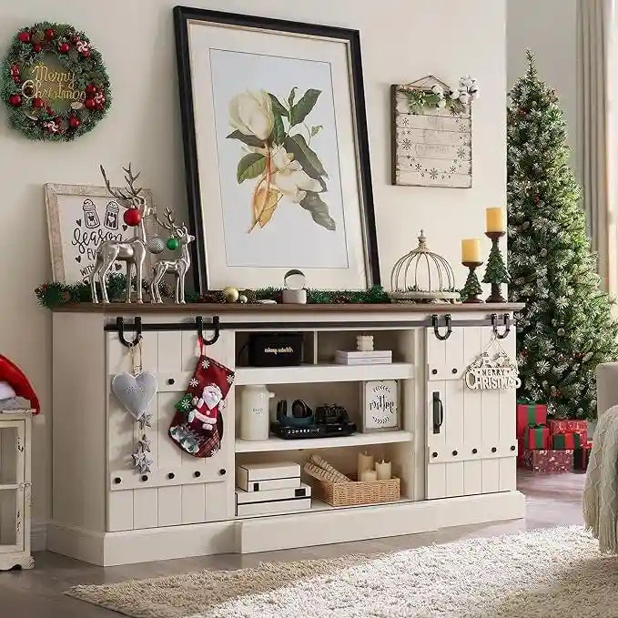 Farmhouse TV Stand with Sliding Barn Doors and Adjustable Shelves