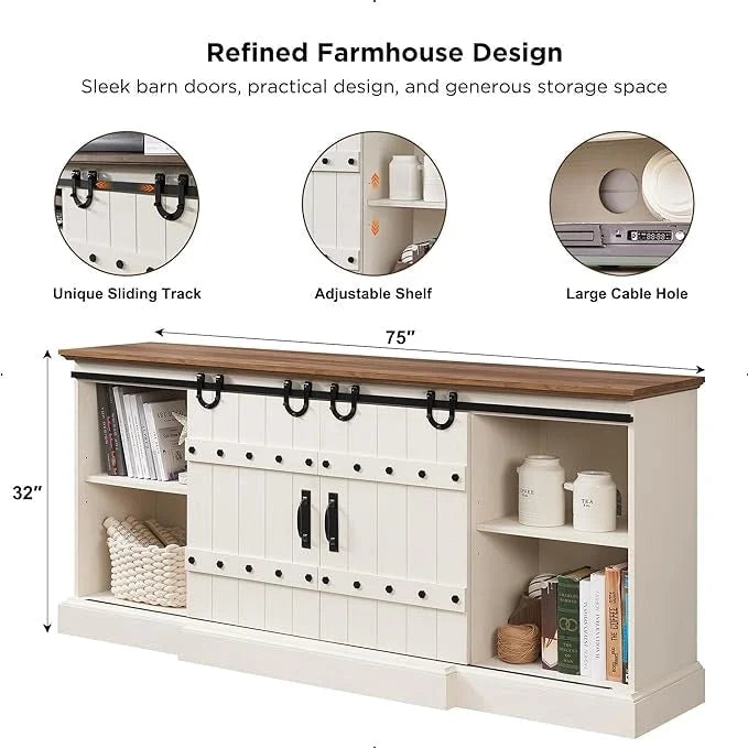 Farmhouse TV Stand with Sliding Barn Doors and Adjustable Shelves
