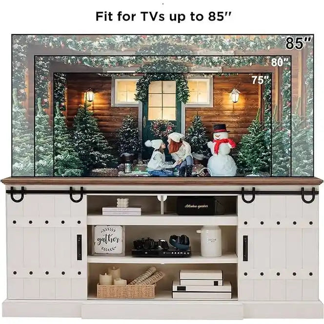 Farmhouse TV Stand with Sliding Barn Doors and Adjustable Shelves
