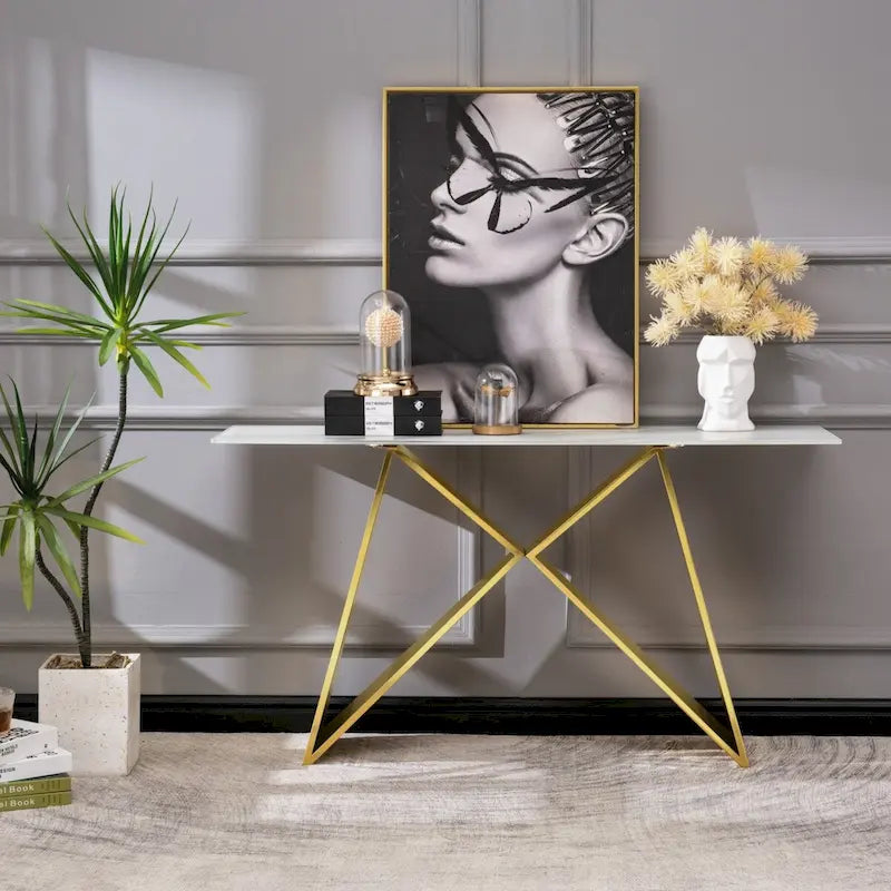 White Marble Top Geometric X-Base Console Table Silver Gold Metal Entryway Sofa