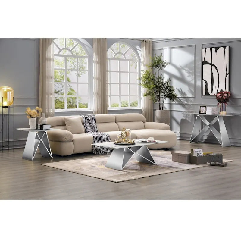 White Marble Top Geometric X-Base Console Table Silver Gold Metal Entryway Sofa