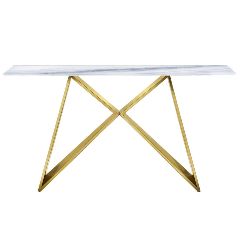 White Marble Top Geometric X-Base Console Table Silver Gold Metal Entryway Sofa