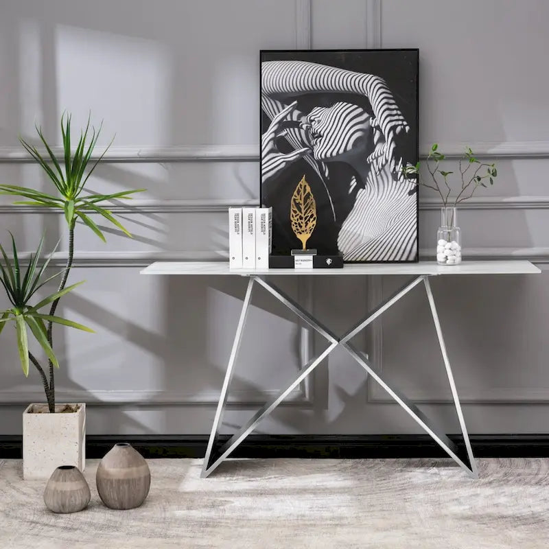 White Marble Top Geometric X-Base Console Table Silver Gold Metal Entryway Sofa