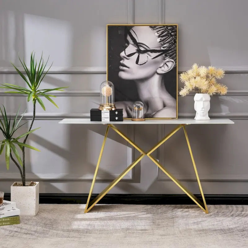 White Marble Top Geometric X-Base Console Table Silver Gold Metal Entryway Sofa