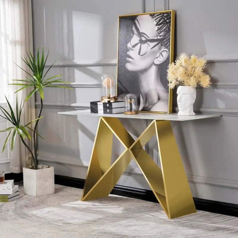 White Marble Top Geometric X-Base Console Table Silver Gold Metal Entryway Sofa