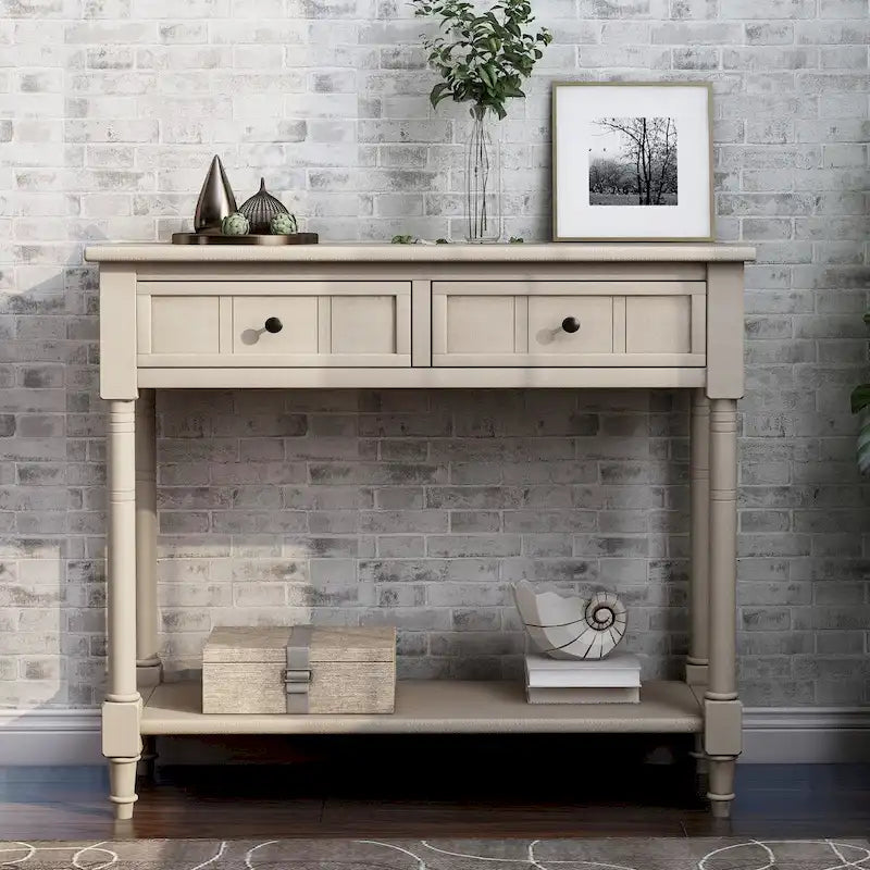 Vintage Carved Pine Wood Console Table Two Drawers Bottom Shelf Antique Style