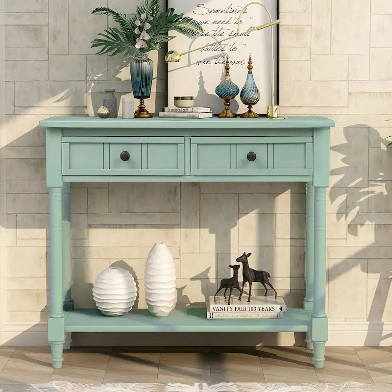 Vintage Carved Pine Wood Console Table Two Drawers Bottom Shelf Antique Style