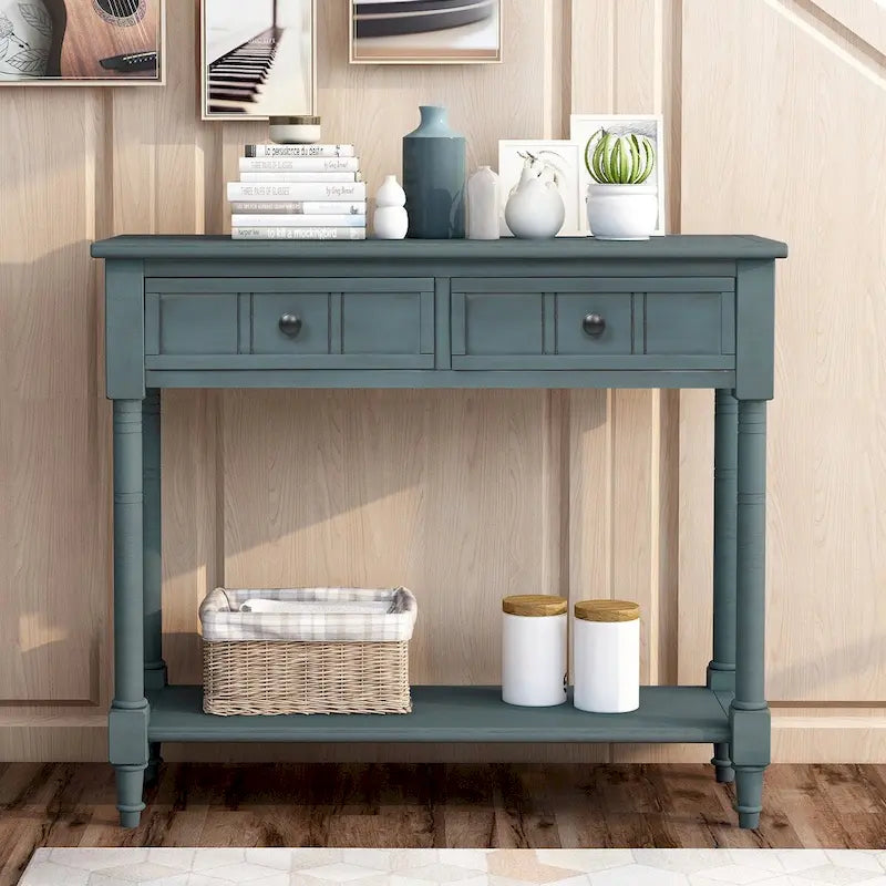 Vintage Carved Pine Wood Console Table Two Drawers Bottom Shelf Antique Style