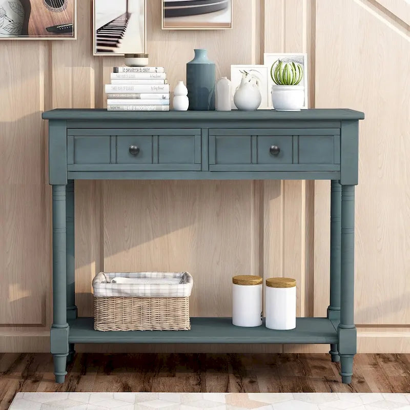 Vintage Carved Pine Wood Console Table Two Drawers Bottom Shelf Antique Style